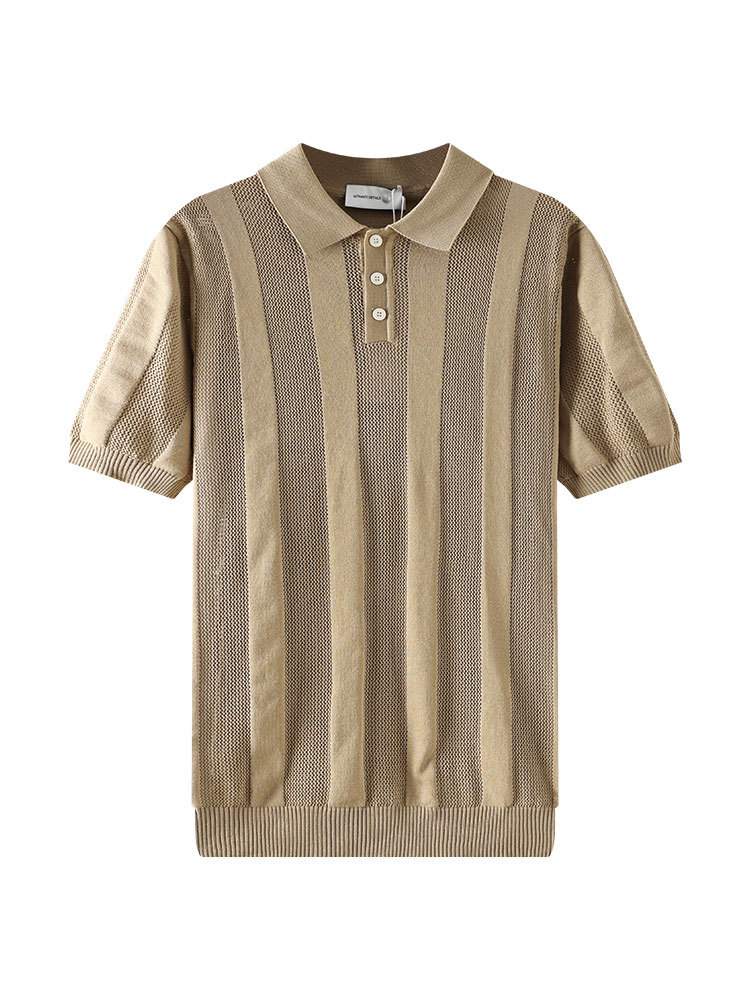 Lujo ligero de alto nivel de hielo jersey polo hombre manga corta con collar vertical rayas comerciales casuales chaqueta de polo hombre