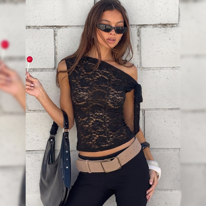 Europe, America 2026 Summer New Fashionable And Sexy Lace Mesh Composite Slim-fitting Semi-transparent Diagonal Neck Lace-up Top_ecoleips.com