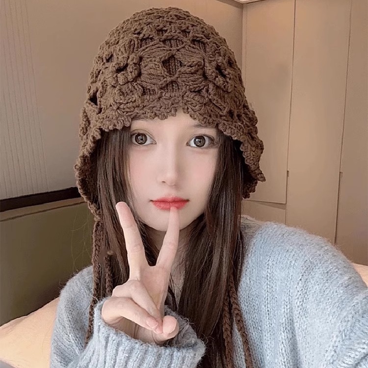 2025新款花朵手工编织双层辫子毛线帽子女秋冬保暖百搭针织护耳帽|undefined