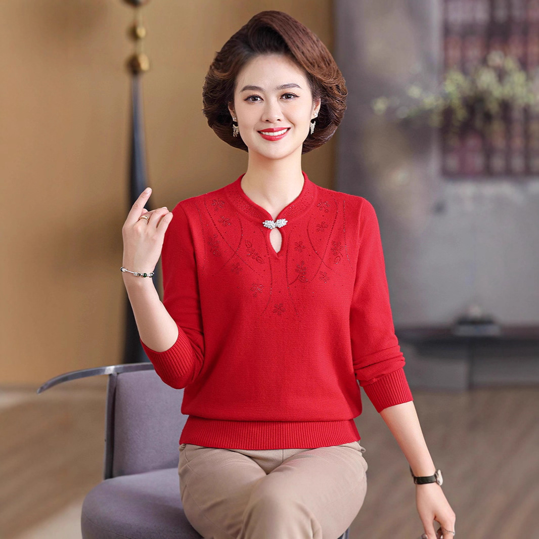 妈妈秋装洋气旗袍领打底毛衣中老年女秋季针织衫时尚风宽松毛衣，女装针织衫/毛衣，妃慕昵服饰