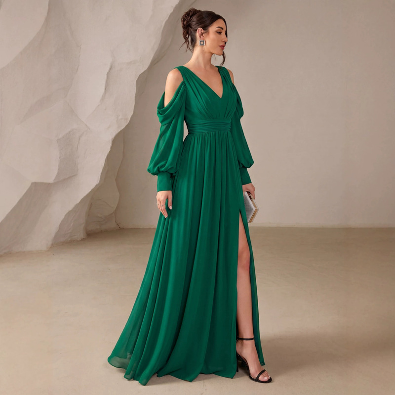 Cross-Border European and American Women's Fashion V-Neck Pleated Off-Shoulder Long-Sleeve 2026 Spring Elegant Evening Dress Cross-Border European and American Women's Fashion V-Neck Pleated Off-Shoulder Long-Sleeve 2026 Spring Elegant Evening Dress