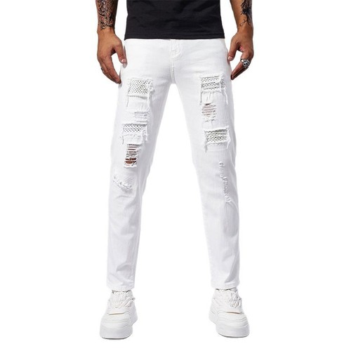 White Ripped Denim with Beads Men's Jeans, Patched and Frayed Fashion Slim Straight Leg Slimming Jeans for Men