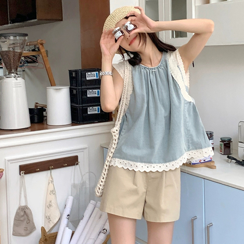 Top de mezclilla con costuras de encaje retro de verano de moda