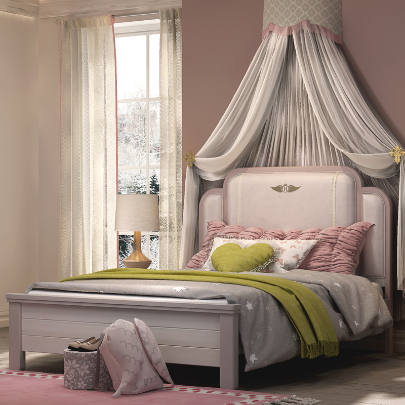 实木女孩床粉色公主1.35米单人床卧室少女儿童房家具组合软包套装