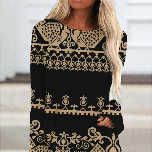 Spring and Autumn Amazon Western Style 3D Digital Print Women's Mid-length Irregular Hem Long-sleeved T-shirt—European and American Style