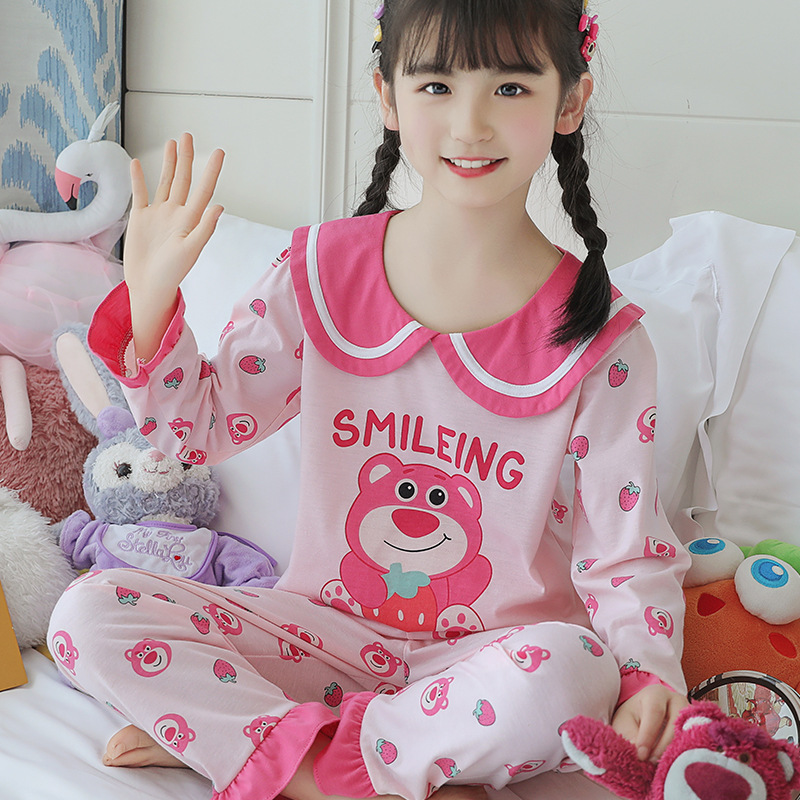 15 años de edad nueva primavera y otoño de los niños pijamas de manga larga de las mujeres lindo princesa muñeca collar de las mujeres mayores de algodón peinado desgaste del hogar de los niños