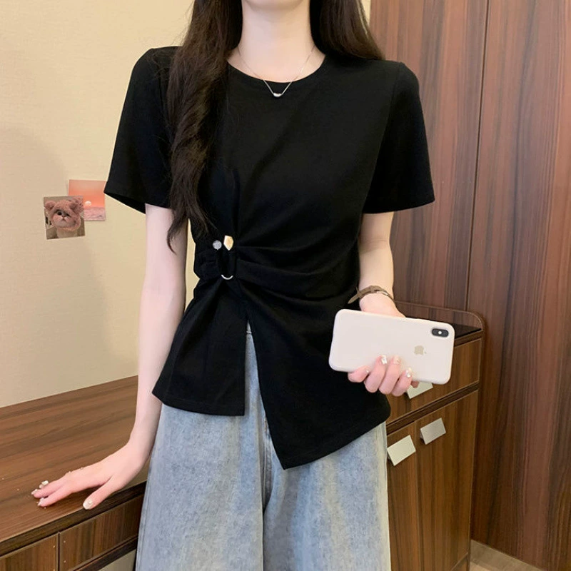 [Горячая распродажа в магазине] Женская модная асимметричная футболка из чистого хлопка с короткими рукавами больших размеров, летняя новая стильная шикарная футболка