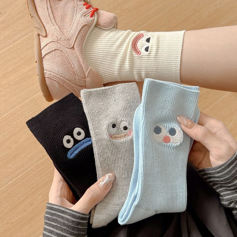 Autumn New Cute Smiling Face Big Eyes Embroidery Quirky Girl New Ghost Horse Abstract Mid-Calf Socks Solid Color Women's Socks