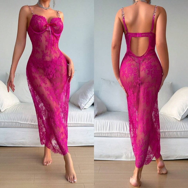 European and American Cross-Border New Sexy Lace Lingerie Passion Mesh See-Through Embroidered Suspender Long Skirt Suit Manufacturer