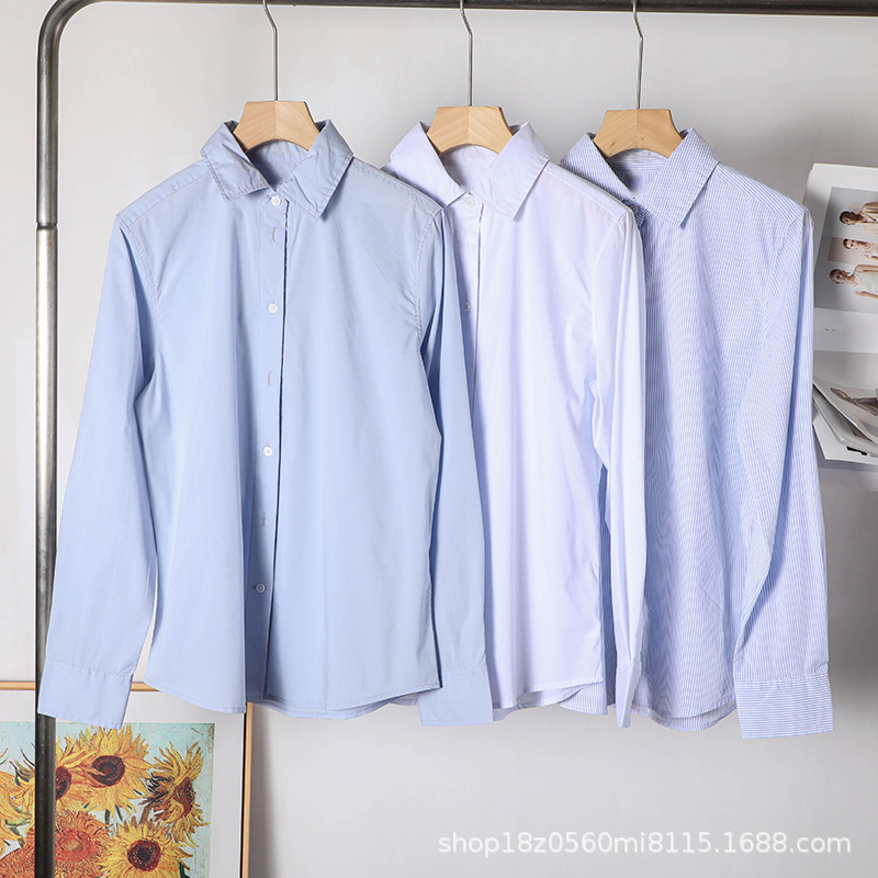 美汤系~女士条纹纯色胸口小标刺绣长袖polo领衬衫外套上衣1799