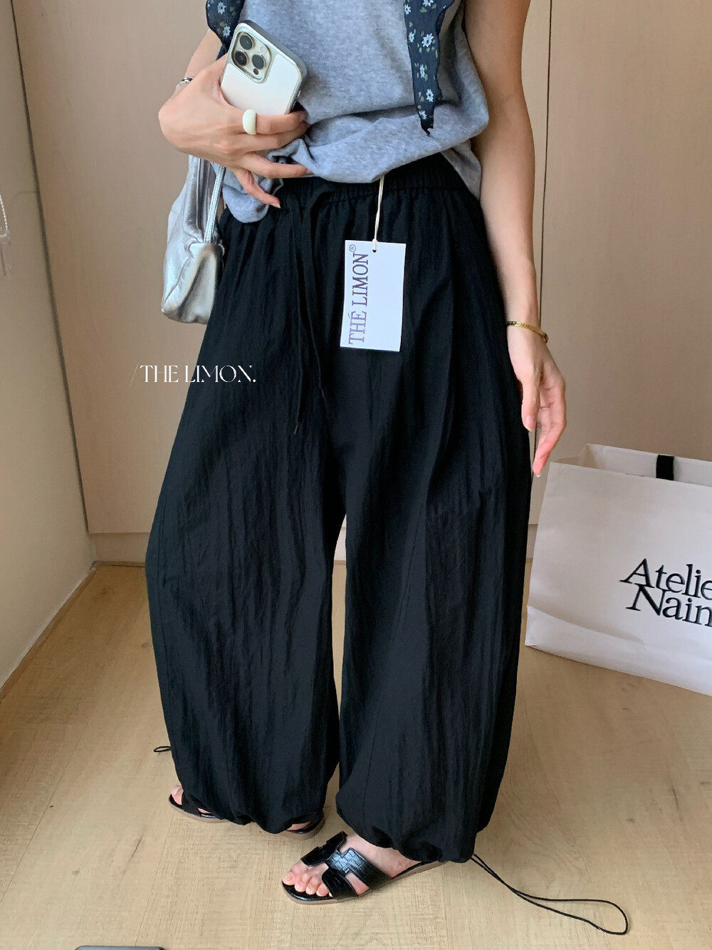 Quần culottes nữ ống rộng cạp cao rút dây, phong cách thể thao, mùa hè 2026 — Xanh lá cây nhạtcolor, xám đậm, màu đen, màu trắng chi tiết 21