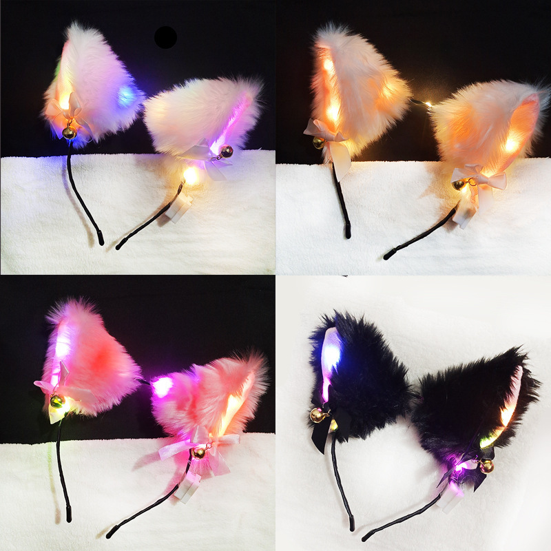 ネット赤写真かわいいキラキラキツネ猫耳光るぬいぐるみ鈴頭飾りリボン髪箍夜市露店|undefined