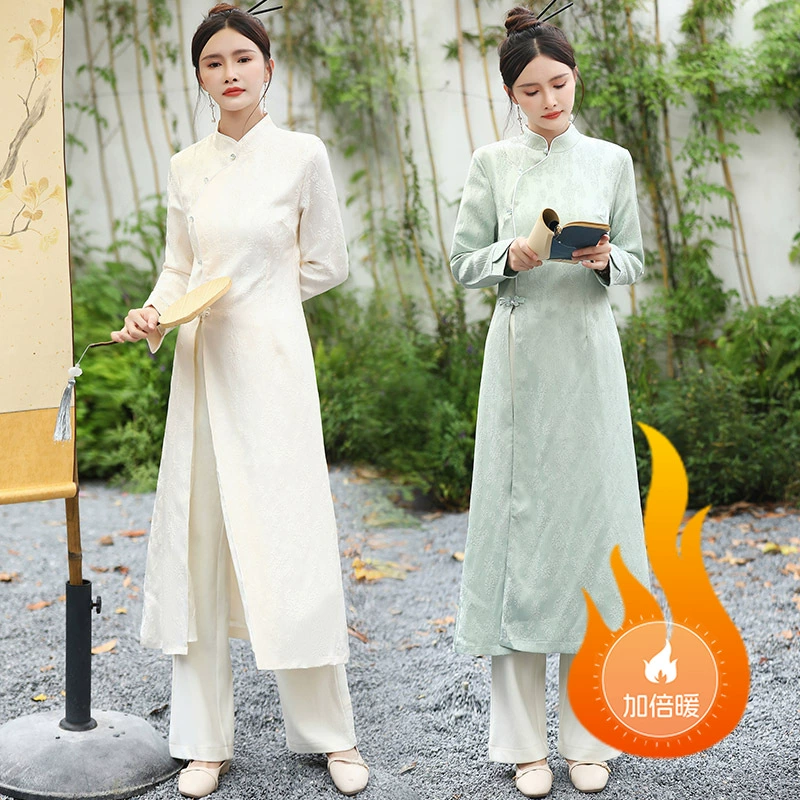 9664 Новый зимний костюм для чайной одежды, новый китайский утолщенный зимний теплый Чонсам с флисовой подкладкой, топ, брюки, комплект из двух предметов