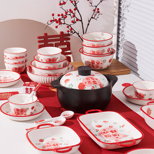 Good-looking housewarming, wedding and happy words wholesale plates, bowls and plate combinations, household dishes sets, household ceramic tableware