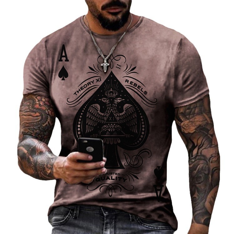 High Street Personality Poker Gambling God A Digital 3D Print Camiseta de manga corta suelta con ancho de hombro recto casual para hombres