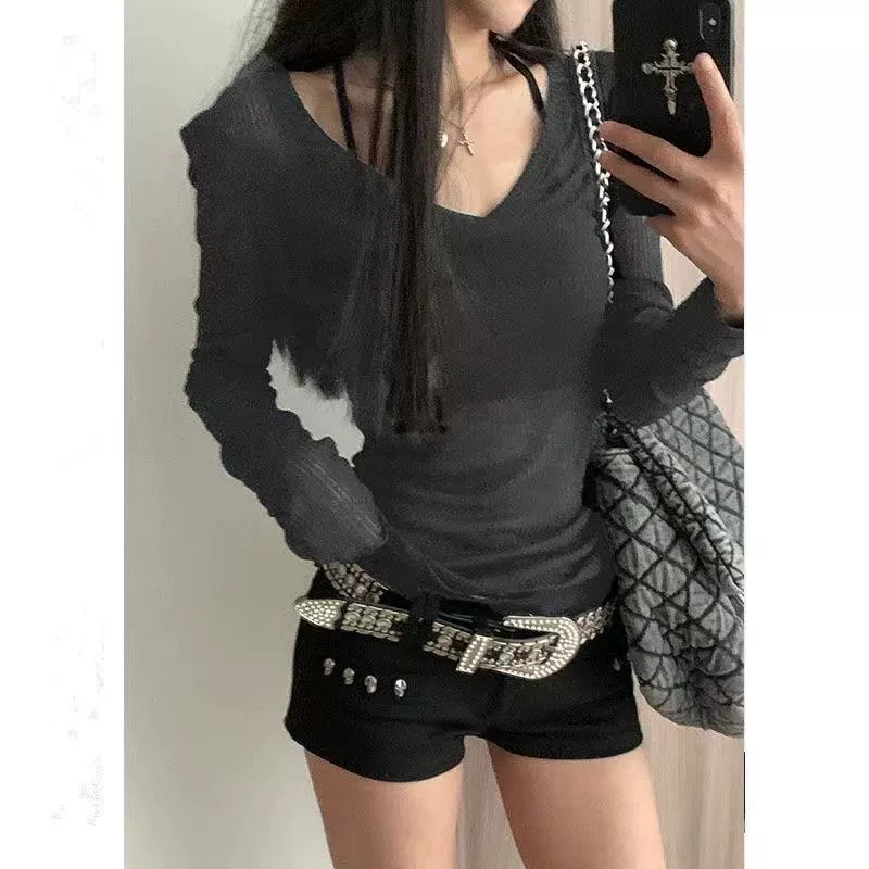 Knitted T-shirt, thin long-sleeve, sun protection, V-neckline, internet celebrity