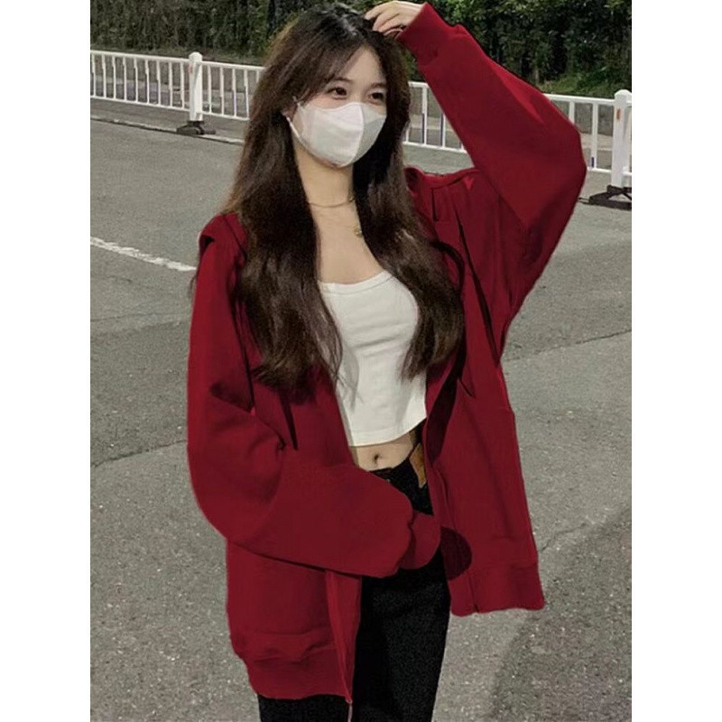 超显白纯色连帽卫衣女秋冬季加绒加厚宽松慵懒ins风拉链开衫外穿|undefined