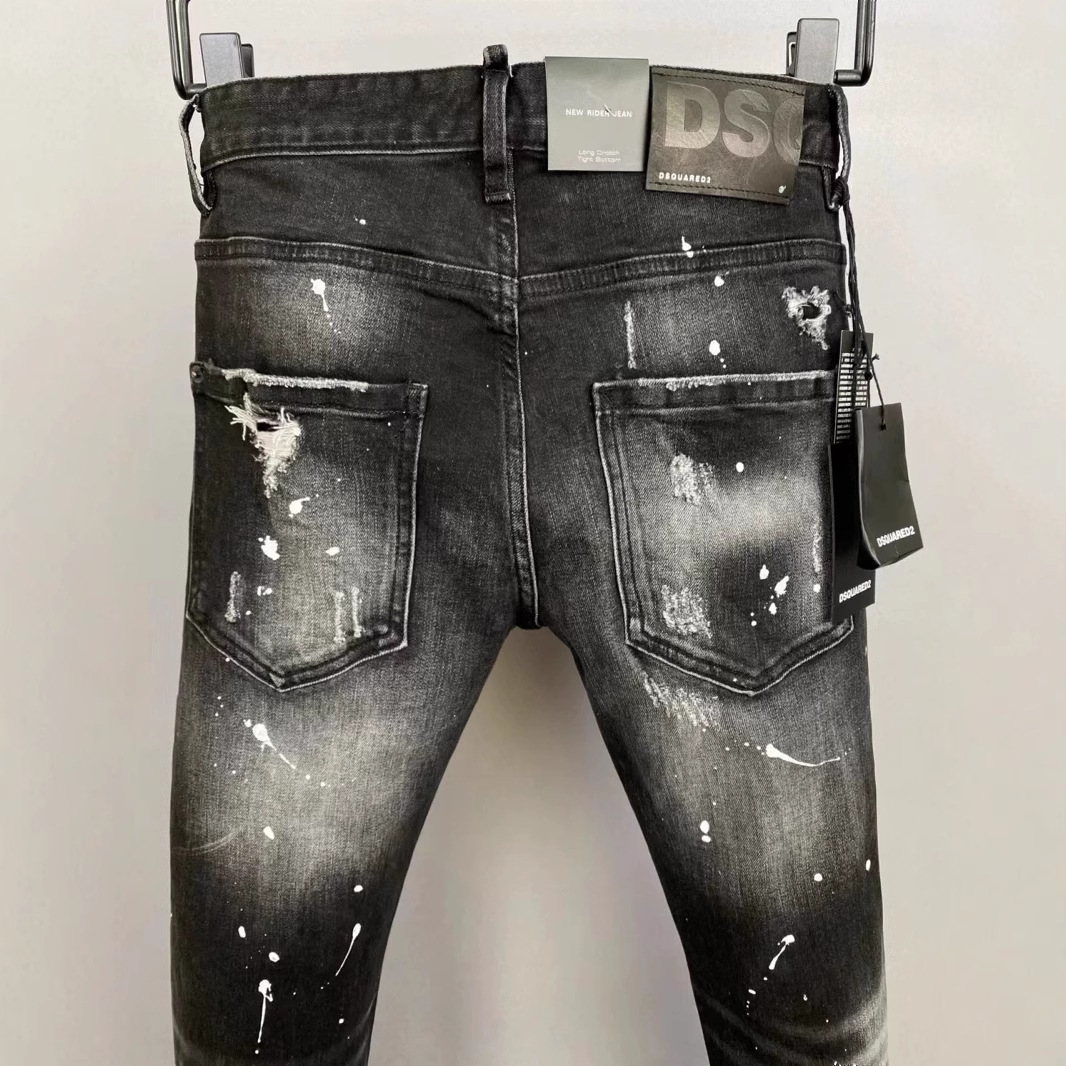 Spring and Summer 2025 New D2 Trendy Men's Washed Grinding Hole Patch Paint Slim-fit Feet Black Jeans Men's Fried Street