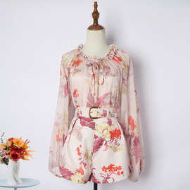 6572实拍夏季印花长袖雪纺上衣衬衣+阔腿短裤+吊带三件套配腰带