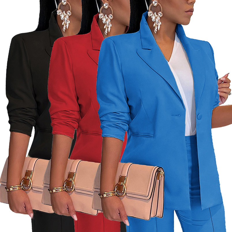 Al304 Amazon Independent Station European and American Clothing Suit Single Jacket Loose Ol Office Work Clothing Pure Color Spring & Fall