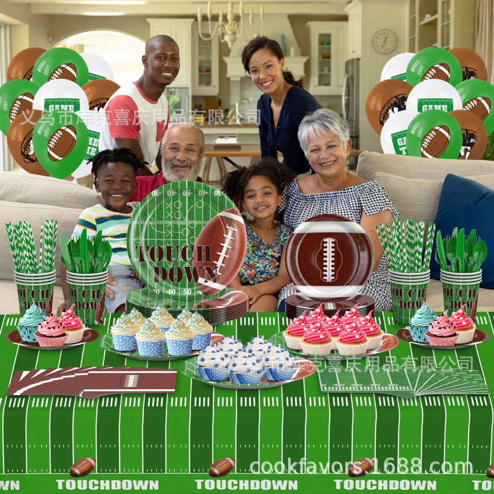 Nueva bandeja de papel de fiesta con tema de fútbol americano, taza de papel, mantel, juego de vajilla, decoración de fiesta de Super Bowl