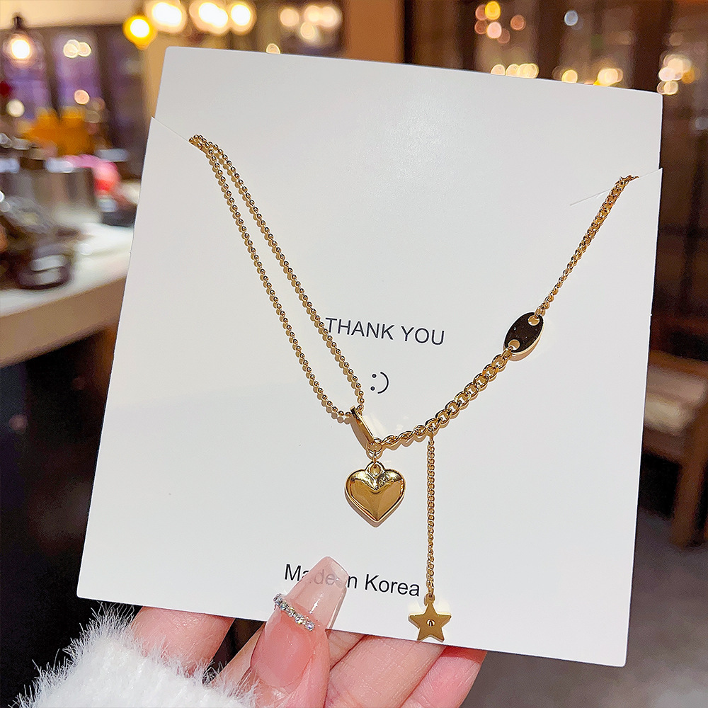 Daily Occasion Titanium Steel Material Gold Plated Plating Wholesale Jewelry Exaggerated Simple Style Star Heart Shape Titanium Steel Plating Necklace