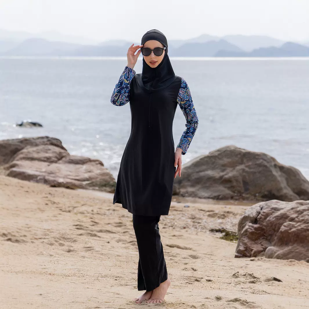 跨境亚马逊雪纺印花修身中长款假两件套大码女胖mm连体泳衣春季