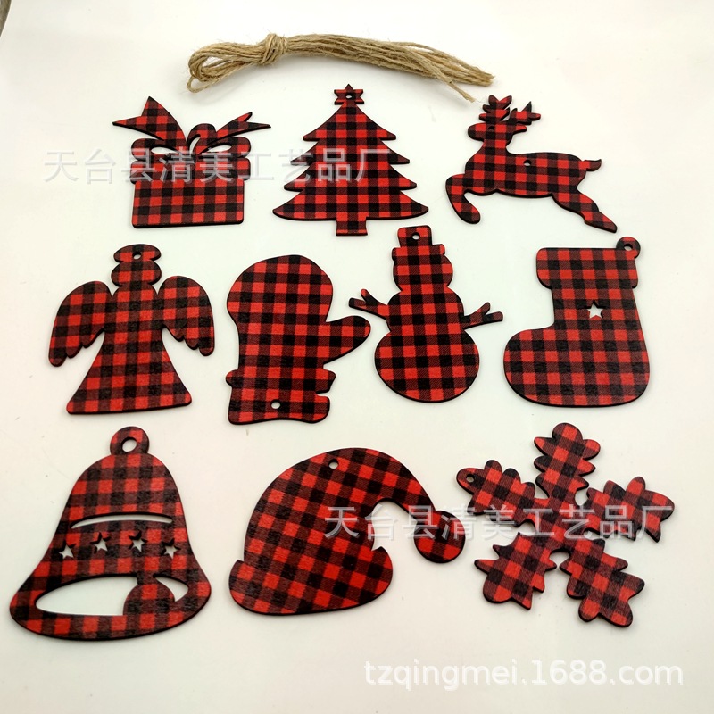 33 rojo y negro Plaid SERIE DE Navidad madera chips colgantes decorativos de Navidad se pueden combinar libremente con 10 piezas en un paquete