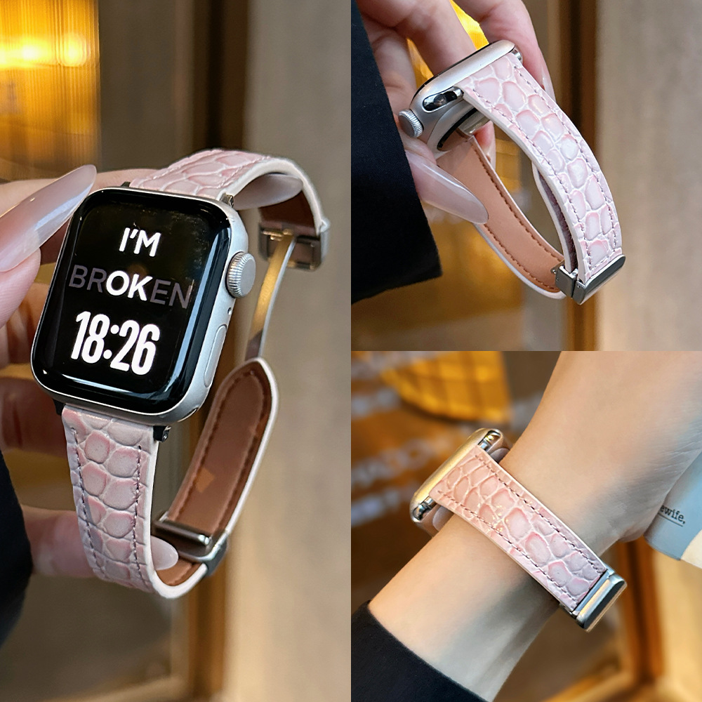 Suitable for Apple Iwatchs11 Crocodile Pattern Small Waist Double-Sided Genuine Leather Magnetic Buckle S109 Watch Strap Se3 Women's Model
