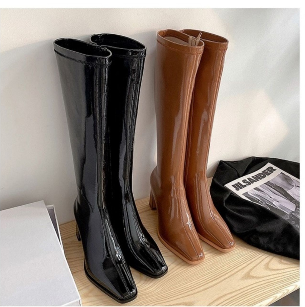 Elastic brown high boots heels made of patent leather square toe