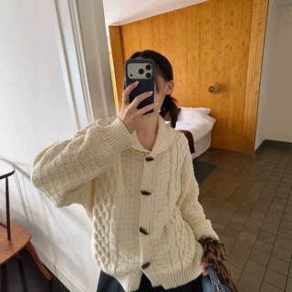 韩版复古翻领牛角扣绞花针织开衫女秋季新款宽松慵懒百搭毛衣外套