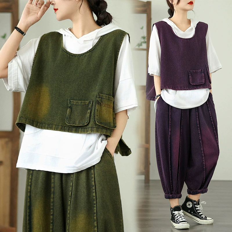 На самом деле спот летняя свободная мода джинсовый набор из двух частей