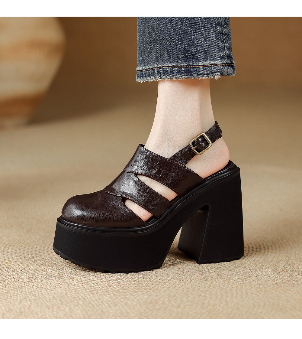 Sandal cao gót nữ đế dày quai ngang bọc da, gót 9 cm — màu nâu, màu đen chi tiết 10