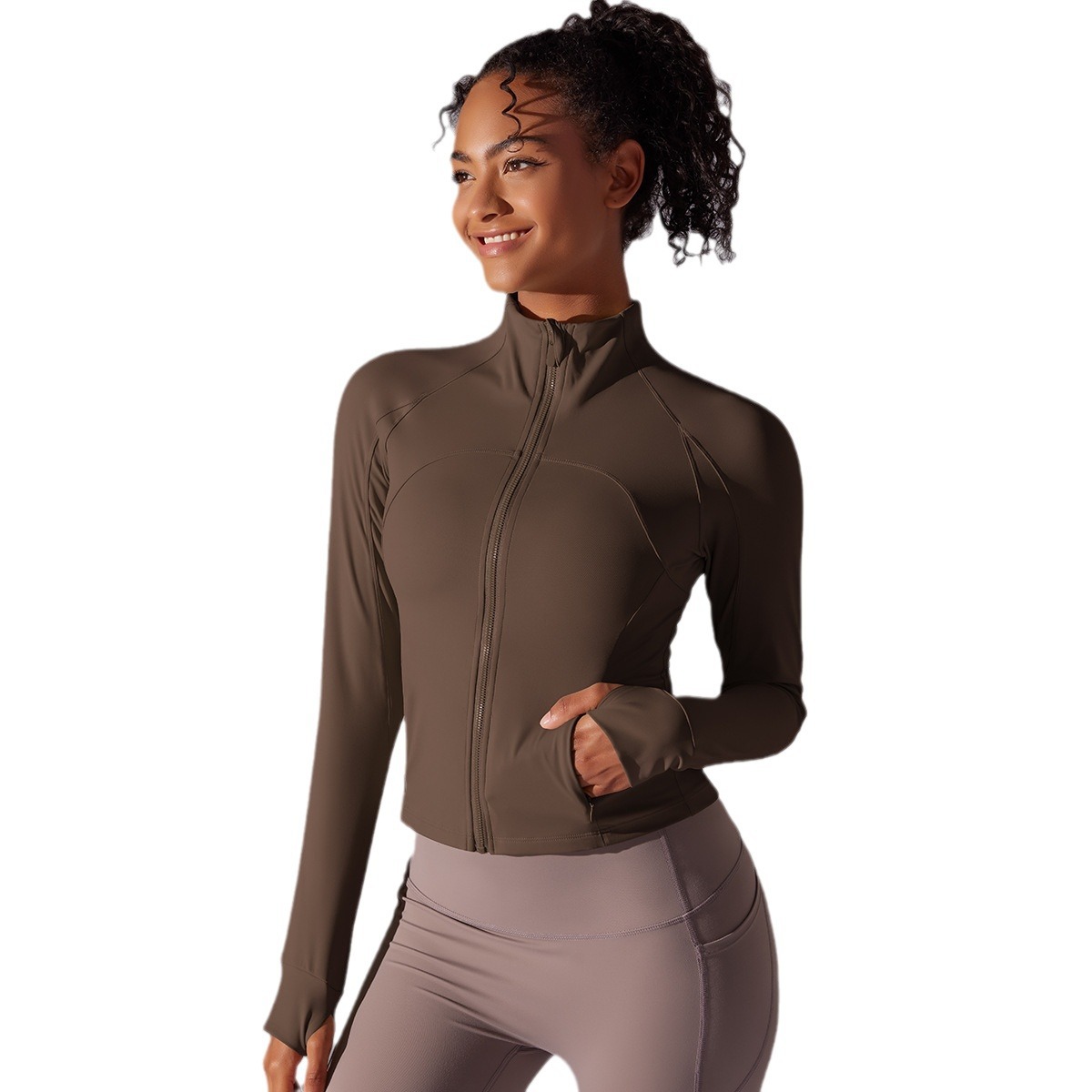 Nuevo color sólido de collar largo con cremallera de manga larga chaqueta molida apertada deportiva para correr ropa de yoga para mujeres