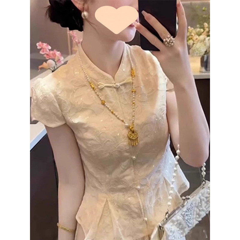 2025初夏穿搭胖新中式国风改良汉服杏色衬衫上衣高腰阔腿裤套装|undefined