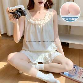 实拍夏季新款带胸垫梭织云朵棉睡衣女韩系背心卡通甜美家居服套装