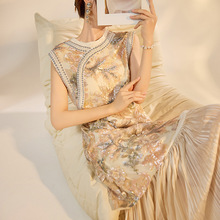 夏季新款国风拼接连衣裙女新中式高端重工刺绣改良旗袍长裙 N4073