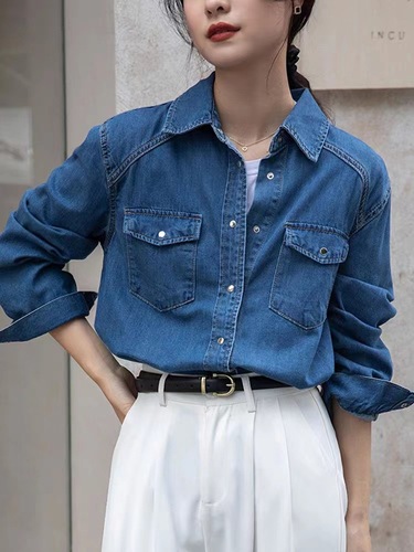 Blue Vintage Denim Jacket for Women Spring Straight Shoulder Top Design Sensory Minority Layering Shirt Spring