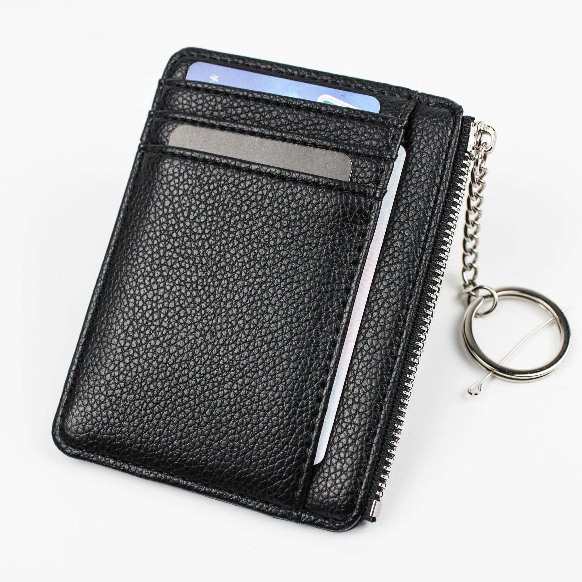 2023 New Casual Card Bag Zipper Keychain Multi-card Slot ID Leather Case Multi-function Lychee Pattern Coin Purse Card Holder