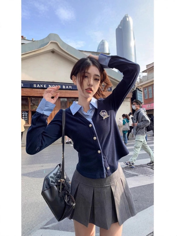 假两件拼接polo领衬衫女春秋设计感小众别致修身衬衣短款长袖上衣|undefined