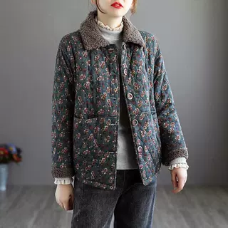 复古短款碎花棉衣女2022新款加绒毛领休闲洋气翻领棉袄外套女棉服