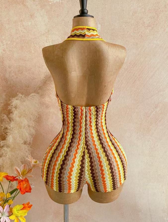 American Retro Wavy Striped Halter Neck Jumpsuit Shorts For Women Deep V Hollow Out Slim Fit Knit Jumpsuit_ecoleips.com