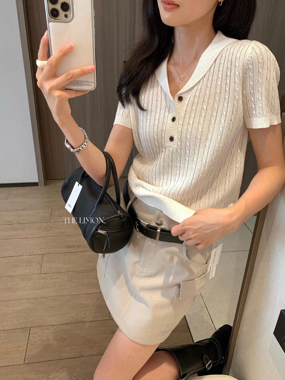 Áo polo nữ cổ bẻ tay ngắn phong cách cổ điển, chất liệu cotton pha sợi, form suông thoải mái — Xám Apricot, trắng ngà, xanh nhạt, Xám hoa sâu chi tiết 8