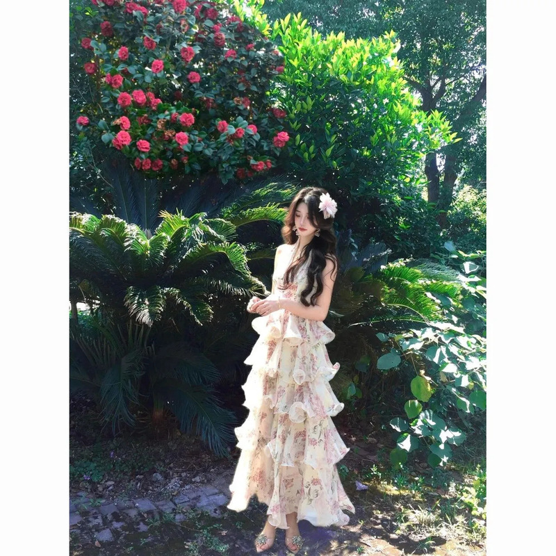 Morning Dew Rose Garden French Resort Style Floral Halter Chiffon Layered Long Dress for Women, Floral Backless Slimming Dress