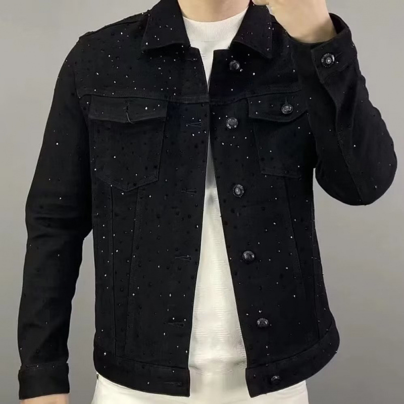 Korean Style Ginny Jacket Men's Heavy Industry All-round Hot Drilling Trendy Brand Casual plus size Black Denim Jacket Coat
