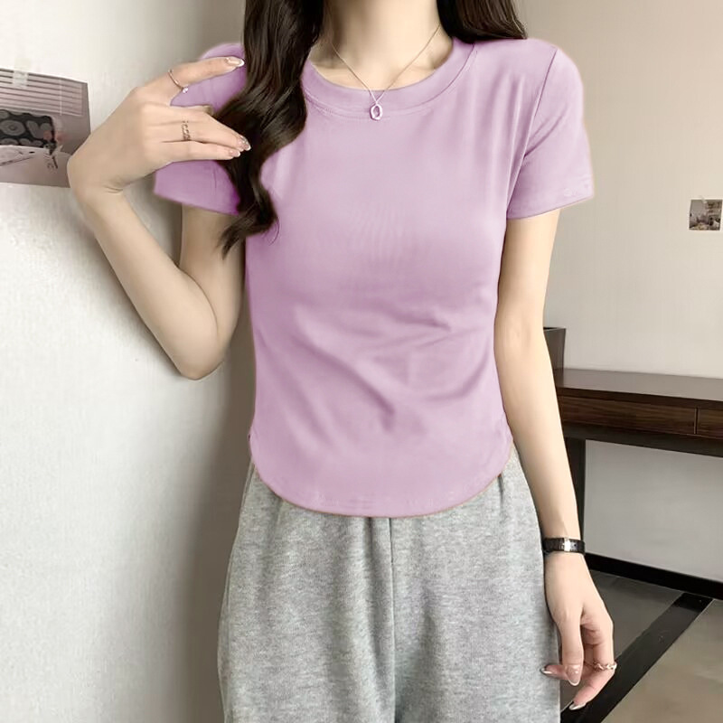 Threaded Cotton Short-sleeved Front Shoulder Crew Neck Solid Color T-shirt Women's Summer Hem Irregular Slim Versatile Top Basic_ecoleips.com