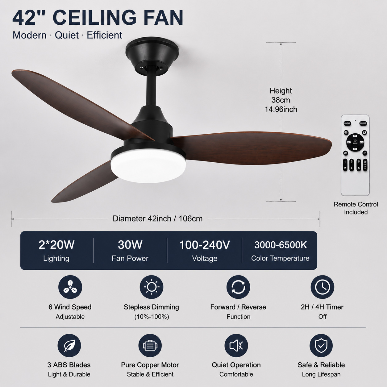 Ventilador de Techo Retro con Luz de Acrílico y ABS con Control Remoto para Sala de Estar y Comedor