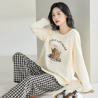 100%纯棉春秋新款睡衣女长袖套头休闲格子全棉可外穿家居服女套装