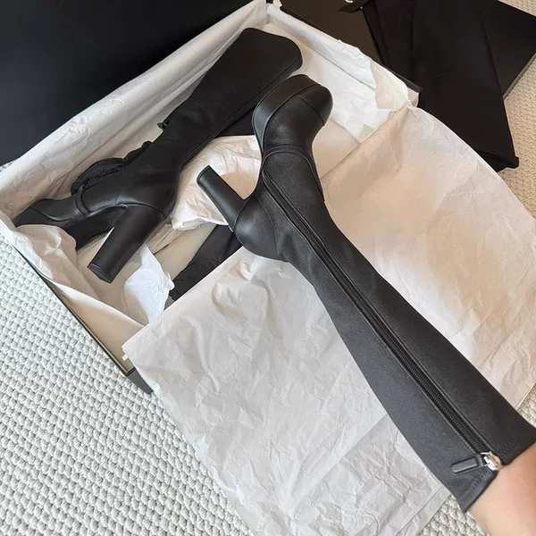 Chanel-Style Chunky Heel Elastic Slim Boots for Women, Waterproof Platform High-Heeled Long Knight Boots (Tax Not Included)