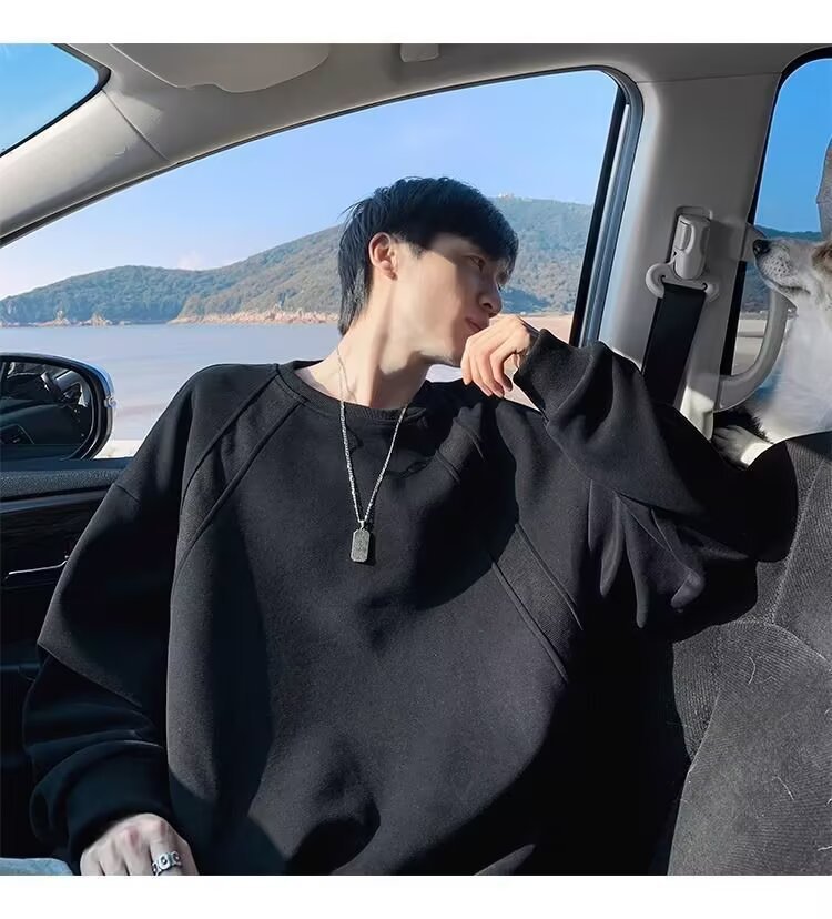 Versatile Youth Patchwork Hoodie Men's Autumn Long Sleeved T-shirt Retro Round Neck Top Trendy_voghion.com